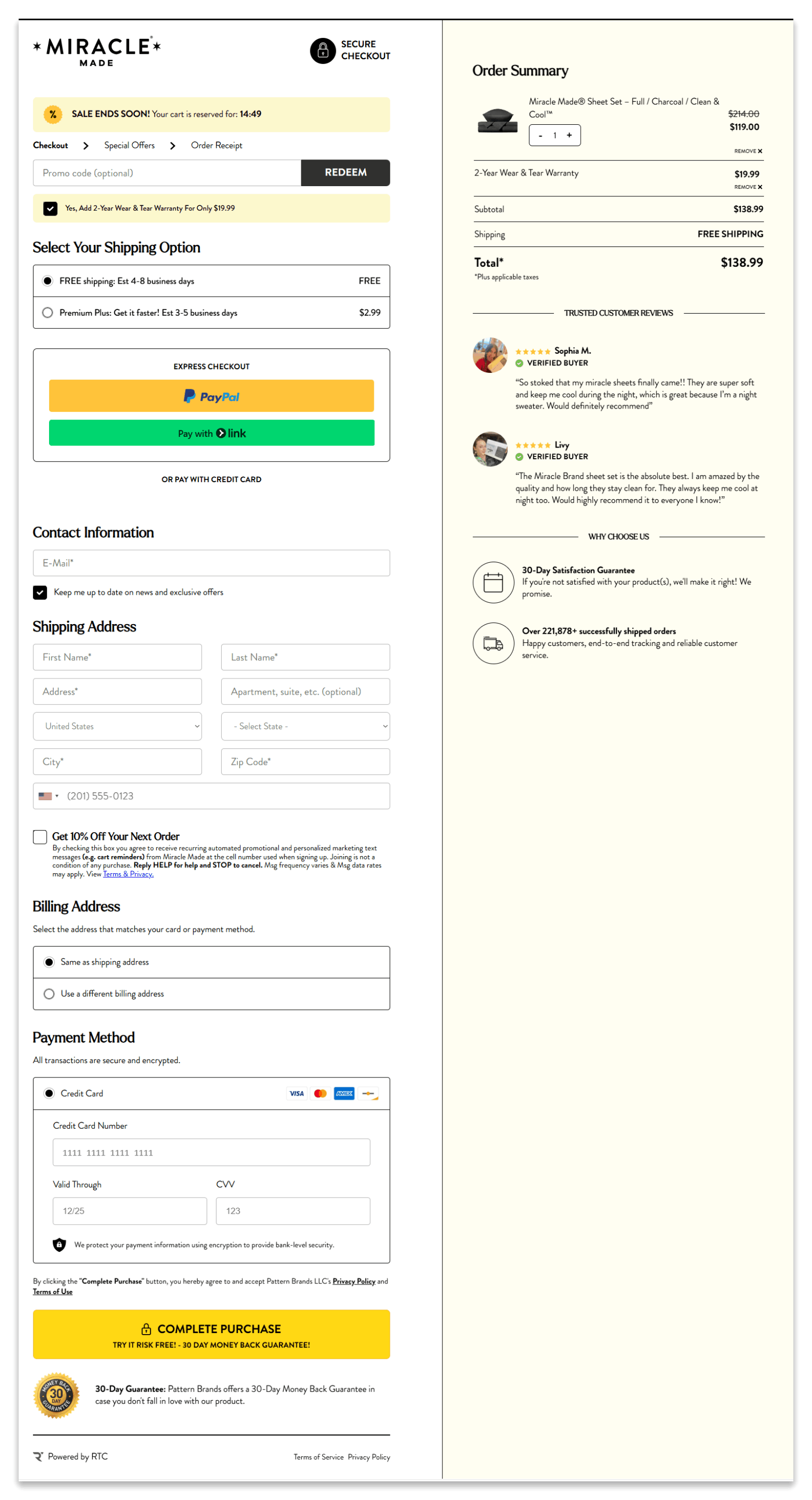 Miracle Sheets checkout page